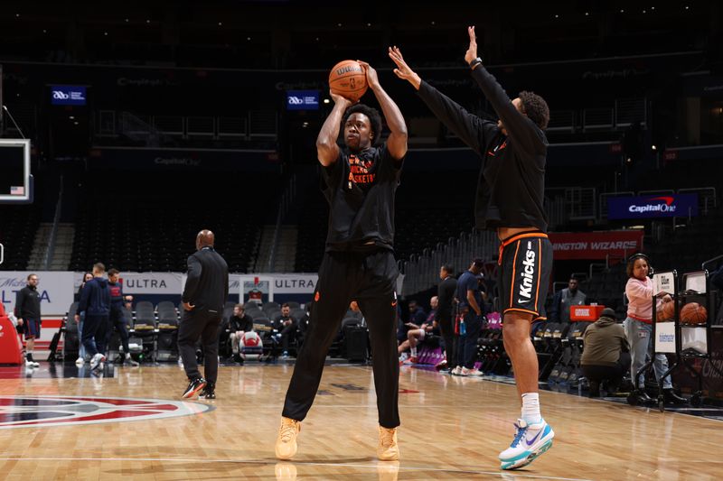 WASHINGTON, DC -? JANUARY 6: OG Anunoby #8 of the New York Knicks warms up before the game against the Washington Wizards on January 6, 2024 at Capital One Arena in Washington, DC. NOTE TO USER: User expressly acknowledges and agrees that, by downloading and or using this Photograph, user is consenting to the terms and conditions of the Getty Images License Agreement. Mandatory Copyright Notice: Copyright 2024 NBAE (Photo by Stephen Gosling/NBAE via Getty Images)