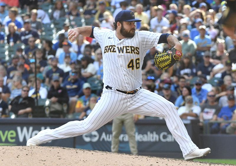 Aug 27, 2023; Milwaukee, Wisconsin, USA; Milwaukee Brewers relief pitcher Bryse Wilson (46) delivers a pitch against the San Diego Padres in the sixth inning at American Family Field. Mandatory Credit: Michael McLoone-USA TODAY Sports