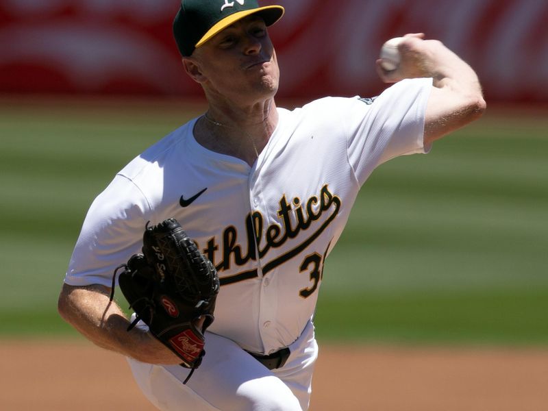 Jun 22, 2024; Oakland, California, USA; Oakland Athletics starting pitcher JP Sears (38) delivers a pitch against the Minnesota Twins during the first inning at Oakland-Alameda County Coliseum. Mandatory Credit: D. Ross Cameron-USA TODAY Sports