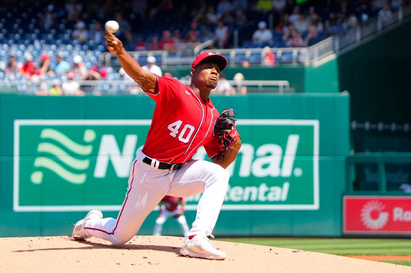 Sep 3, 2023; Washington, District of Columbia, USA;  Washington Nationals pitcher Josiah Gray (40) delivers a pitch against the Miami Marlins during the first inning at Nationals Park. Mandatory Credit: Gregory Fisher-USA TODAY Sports