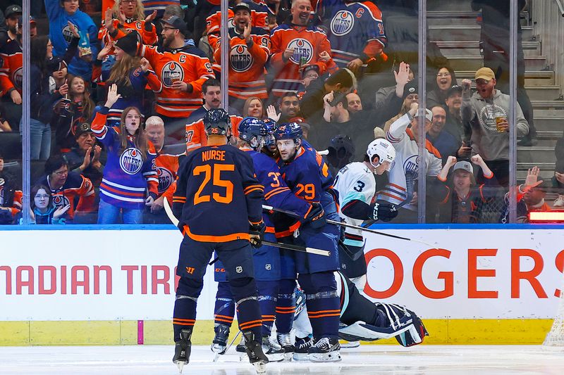 Jan 18, 2024; Edmonton, Alberta, CAN; The Edmonton Oilers celebrate a goal scored by against the  forward Warren Foegele (37) during the second period against the Seattle Kraken at Rogers Place. Mandatory Credit: Perry Nelson-USA TODAY Sports