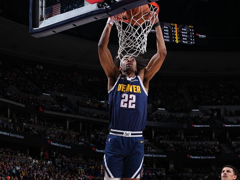 DENVER, CO - FEBRUARY 22: Zeke Nnaji #22 of the Denver Nuggets dunks the ball during the game against the Washington Wizards on February 22, 2024 at the Ball Arena in Denver, Colorado. NOTE TO USER: User expressly acknowledges and agrees that, by downloading and/or using this Photograph, user is consenting to the terms and conditions of the Getty Images License Agreement. Mandatory Copyright Notice: Copyright 2024 NBAE (Photo by Garrett Ellwood/NBAE via Getty Images)