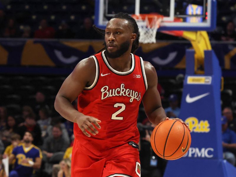 Nov 28, 2025; Pittsburgh, Pennsylvania, USA;  Ohio State Buckeyes guard Bruce Thornton (2) dribbles the ball against the Pittsburgh Panthers during the first half at the Petersen Events Center. Mandatory Credit: Charles LeClaire-Imagn Images