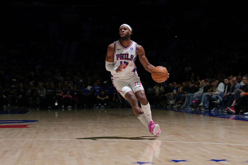 PHILADELPHIA, PA - APRIL 14: Buddy Heild #17 of the Philadelphia 76ers shoots the ball during the game against the Brooklyn Nets on April 14, 2024 at the Wells Fargo Center in Philadelphia, Pennsylvania NOTE TO USER: User expressly acknowledges and agrees that, by downloading and/or using this Photograph, user is consenting to the terms and conditions of the Getty Images License Agreement. Mandatory Copyright Notice: Copyright 2024 NBAE (Photo by Jesse D. Garrabrant/NBAE via Getty Images)