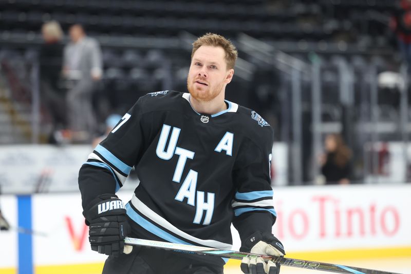 Oct 22, 2024; Salt Lake City, Utah, USA; Utah Hockey Club left wing Lawson Crouse (67) warms up before a game against the Ottawa Senators at Delta Center. Mandatory Credit: Rob Gray-Imagn Images