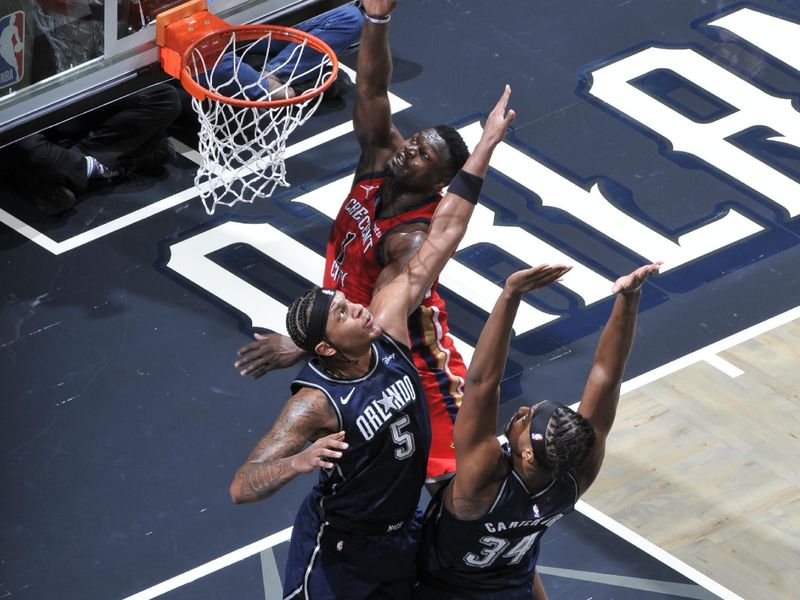 ORLANDO, FL - MARCH 21: Zion Williamson #1 of the New Orleans Pelicans drives to the basket during the game against the Orlando Magic on March 21, 2024 at Amway Center in Orlando, Florida. NOTE TO USER: User expressly acknowledges and agrees that, by downloading and or using this photograph, User is consenting to the terms and conditions of the Getty Images License Agreement. Mandatory Copyright Notice: Copyright 2024 NBAE (Photo by Fernando Medina/NBAE via Getty Images)