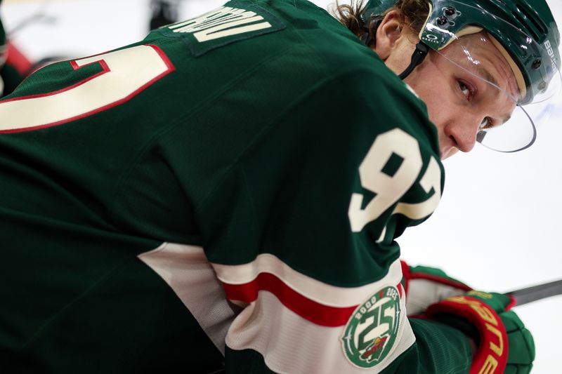 Sep 30, 2025; Saint Paul, Minnesota, USA; Minnesota Wild forward Kirill Kaprizov (97) looks on during the third period against the Winnipeg Jets at Grand Casino Arena. Mandatory Credit: Matt Krohn-Imagn Images