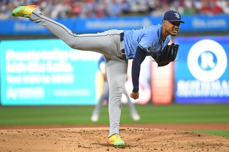 Sep 10, 2024; Philadelphia, Pennsylvania, USA; Tampa Bay Rays pitcher Taj Bradley (45) throws a pitch during the second inning against the Philadelphia Phillies at Citizens Bank Park. Mandatory Credit: Eric Hartline-Imagn Images