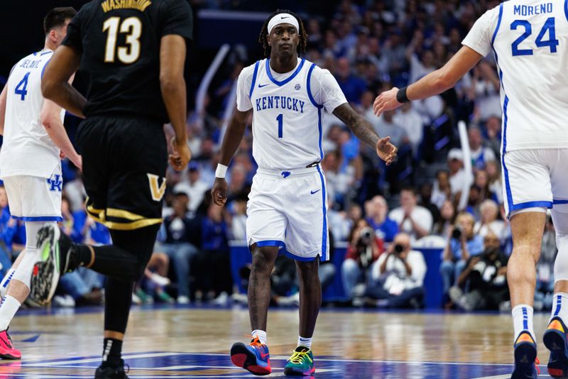Feb 28, 2026; Lexington, Kentucky, USA; Kentucky Wildcats guard Denzel Aberdeen (1) celebrates a basket with center Malachi Moreno (24) during the second half at Rupp Arena at Central Bank Center. Mandatory Credit: Jordan Prather-Imagn Images