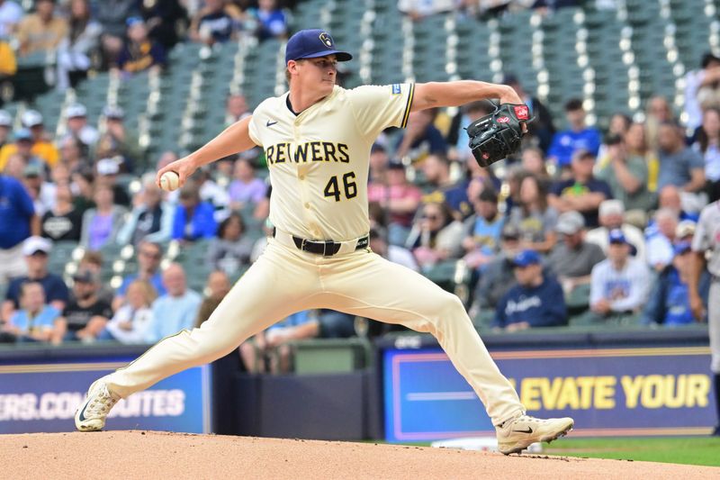 Jun 10, 2025; Milwaukee, Wisconsin, USA; Milwaukee Brewers starting pitcher Quinn Priester (46) throws a pitch in the first inning against the Atlanta Braves at American Family Field. Mandatory Credit: Benny Sieu-Imagn Images