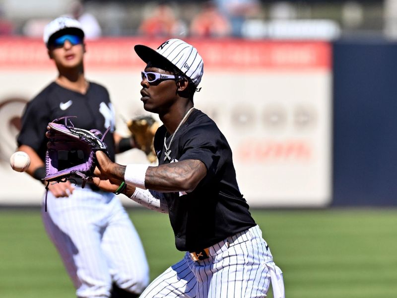 Feb 26, 2025; Tampa, Florida, USA; New York Yankees second baseman Jazz Chisholm Jr. (13) fields a ground ball in the third inning  against the St. Louis Cardinals  during spring training  at George M. Steinbrenner Field. Mandatory Credit: Jonathan Dyer-Imagn Images