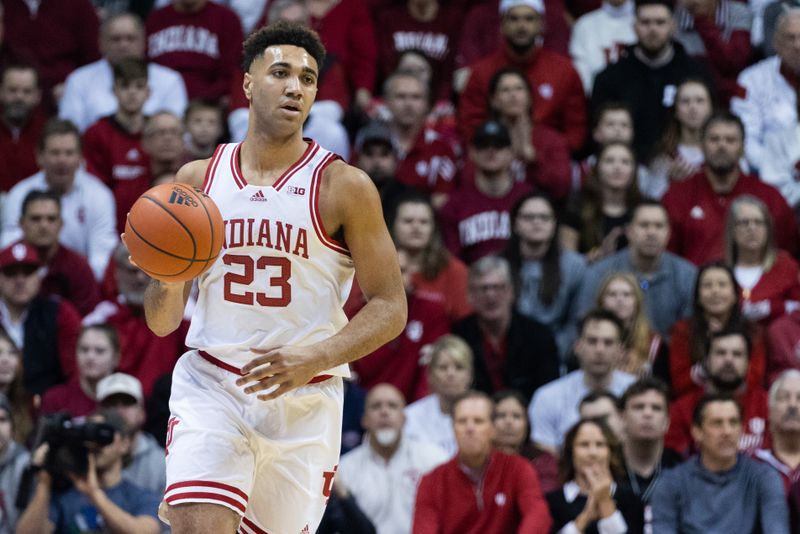 Jan 22, 2023; Bloomington, Indiana, USA; Indiana Hoosiers forward Trayce Jackson-Davis (23) dribbles the ball in the first half against the Michigan State Spartans at Simon Skjodt Assembly Hall. Mandatory Credit: Trevor Ruszkowski-USA TODAY Sports