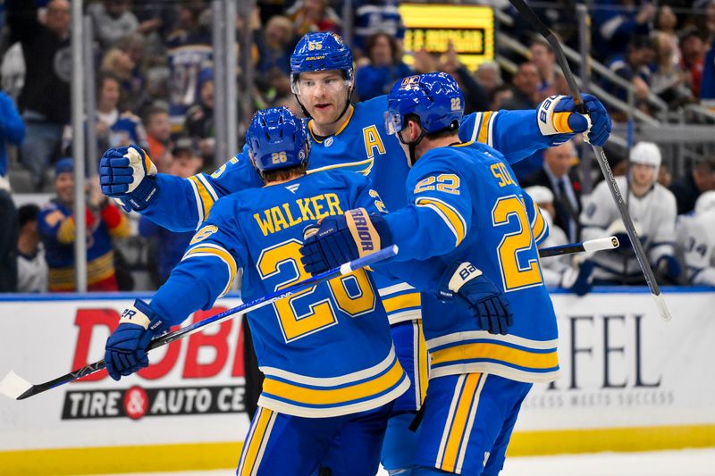 Nov 2, 2024; St. Louis, Missouri, USA;  St. Louis Blues defenseman Colton Parayko (55) celebrates with left wing Nathan Walker (26) and defenseman Ryan Suter (22) after scoring against the Toronto Maple Leafs during the second period at Enterprise Center. Mandatory Credit: Jeff Curry-Imagn Images