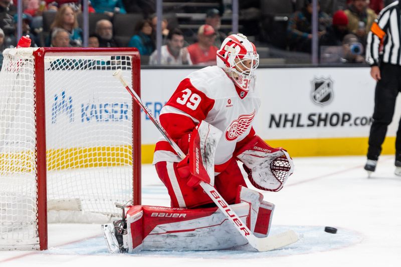 Nov 18, 2024; San Jose, California, USA; Detroit Red Wings goaltender Cam Talbot (39) makes a save during the second period against the San Jose Sharks at SAP Center at San Jose. Mandatory Credit: Bob Kupbens-Imagn Images