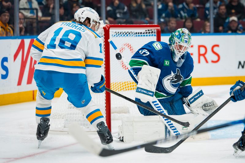 Oct 13, 2025; Vancouver, British Columbia, CAN; St. Louis Blues forward Robert Thomas (18) and Vancouver Canucks goalie Kevin Lankinen (32) watch the rebound in the third period at Rogers Arena. Mandatory Credit: Bob Frid-Imagn Images