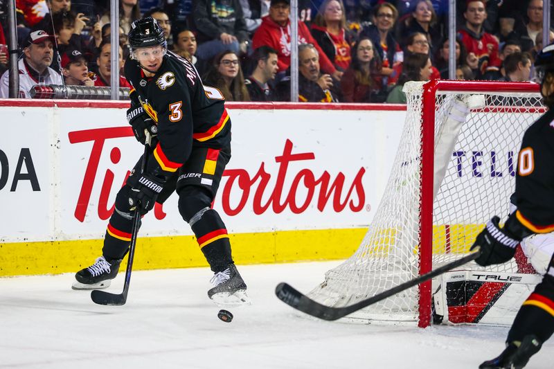 Mar 7, 2026; Calgary, Alberta, CAN; Calgary Flames defenseman Olli Maatta (3) passes the puck against the Carolina Hurricanes during the second period at Scotiabank Saddledome. Mandatory Credit: Sergei Belski-Imagn Images