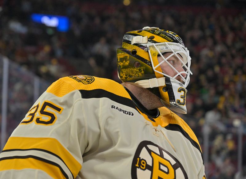 Mar 14, 2024; Montreal, Quebec, CAN; Boston Bruins goalie Linus Ullmark (35) takes a breather during the second period of the game against the Montreal Canadiens at the Bell Centre. Mandatory Credit: Eric Bolte-USA TODAY Sports