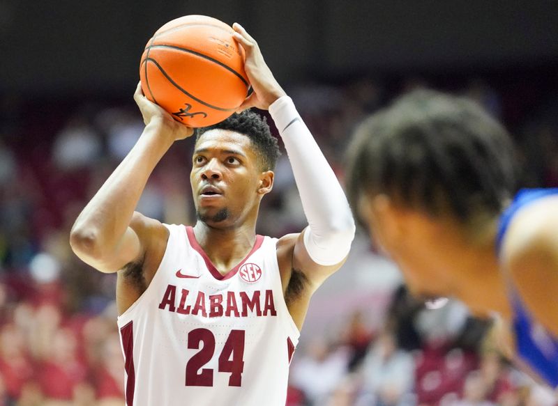 Feb 8, 2023; Tuscaloosa, Alabama, USA; Alabama Crimson Tide forward Brandon Miller (24) shoots against the Florida Gators during the second half at Coleman Coliseum. Mandatory Credit: Marvin Gentry-USA TODAY Sports