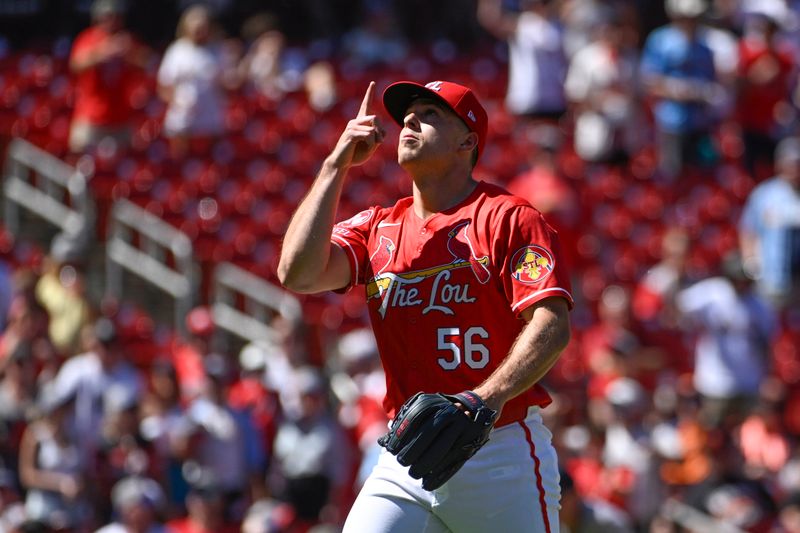 Jun 23, 2024; St. Louis, Missouri, USA; St. Louis Cardinals relief pitcher Ryan Helsley (56) reacts after beating the San Francisco Giants 5-3 at Busch Stadium. Mandatory Credit: Joe Puetz-USA TODAY Sports