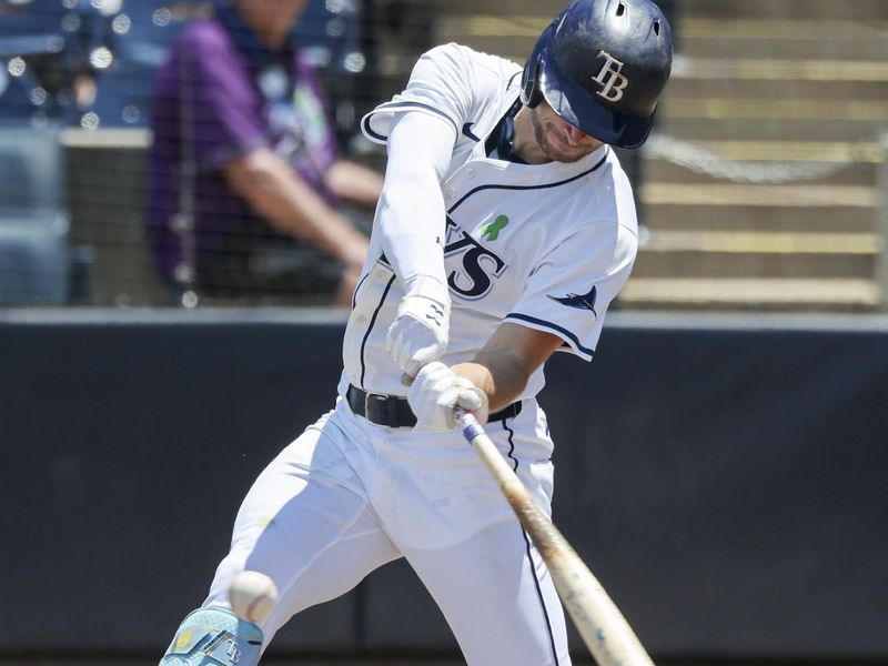 May 25, 2025; St. Petersburg, Florida, USA; Tampa Bay Rays second base Brandon Lowe (8) singles during the second inning against the Toronto Blue Jays  at George M. Steinbrenner Field. Mandatory Credit: Kim Klement Neitzel-Imagn Images