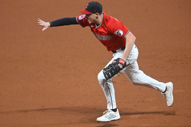 Sep 25, 2025; Cleveland, Ohio, USA; Cleveland Guardians first baseman Kyle Manzardo (9) runs to first base after fielding a ground ball in the seventh inning against the Detroit Tigers at Progressive Field. Mandatory Credit: David Richard-Imagn Images