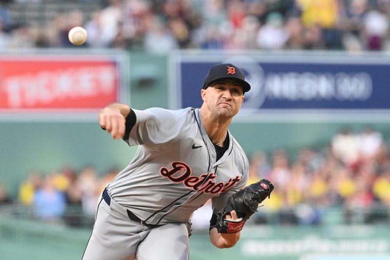 May 30, 2024; Boston, Massachusetts, USA; Detroit Tigers starting pitcher Jack Flaherty (9) pitches against the Boston Red Sox during the first inning at Fenway Park. Mandatory Credit: Eric Canha-USA TODAY Sports