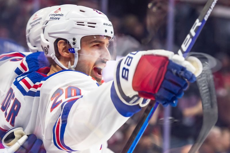 Jan 27, 2024; Ottawa, Ontario, CAN; New York Rangers left wing Chris Kreider (20) celebrates his goal scored in the second period against the Ottawa Senators at the Canadian Tire Centre. Mandatory Credit: Marc DesRosiers-USA TODAY Sports