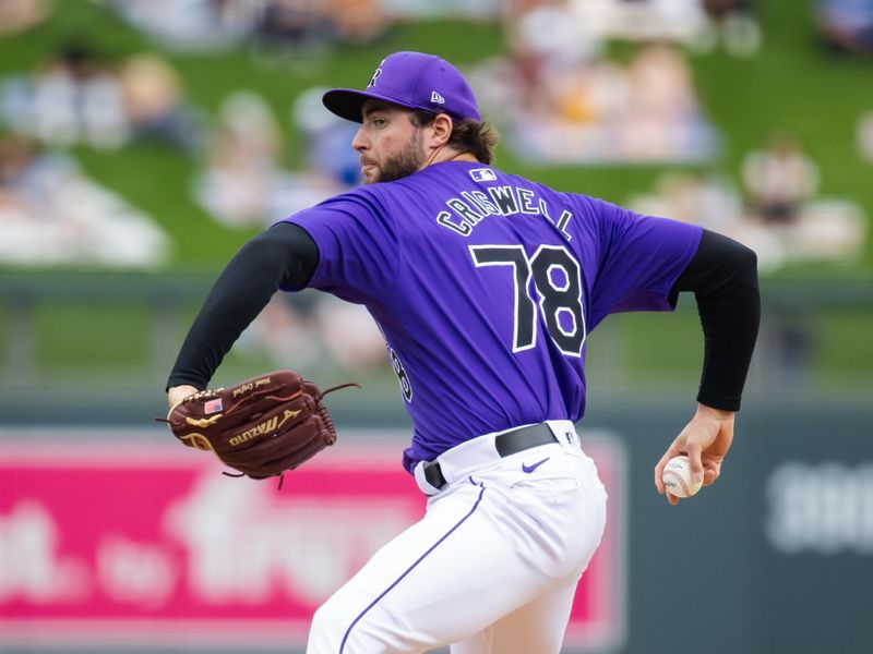 Feb 26, 2024; Salt River Pima-Maricopa, Arizona, USA; Colorado Rockies pitcher Jeff Criswell against the Los Angeles Dodgers during a spring training game at Salt River Fields at Talking Stick. Mandatory Credit: Mark J. Rebilas-USA TODAY Sports