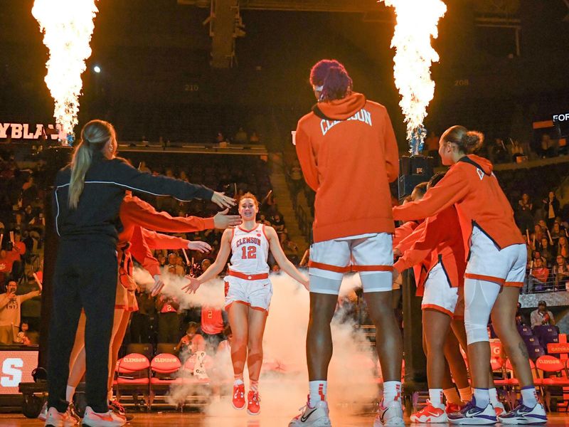 Nov 17, 2022; Clemson, South Carolina, USA; Clemson senior forward Hannah Hank (12) is introduced before tipoff against the South Carolina Gamecocks at Littlejohn Coliseum. Mandatory Credit: Ken Ruinard-USA TODAY Sports