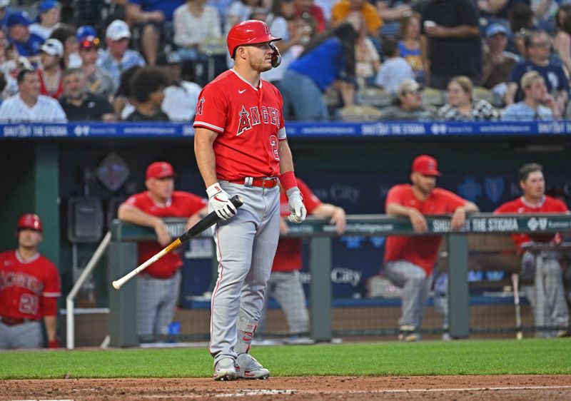 Jun 16, 2023; Kansas City, Missouri, USA; Los Angeles Angels center fielder Mike Trout (27) looks on in the sixth inning against the Kansas City Royals at Kauffman Stadium. Mandatory Credit: Peter Aiken-USA TODAY Sports