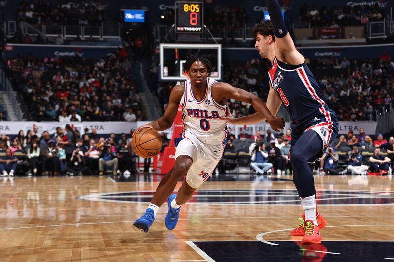 WASHINGTON, DC -? FEBRUARY 10: Tyrese Maxey #0 of the Philadelphia 76ers dribbles the ball during the game against the Washington Wizards on February 10, 2024 at Capital One Arena in Washington, DC. NOTE TO USER: User expressly acknowledges and agrees that, by downloading and or using this Photograph, user is consenting to the terms and conditions of the Getty Images License Agreement. Mandatory Copyright Notice: Copyright 2024 NBAE (Photo by Kenny Giarla/NBAE via Getty Images)