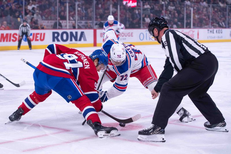 Oct 22, 2024; Ottawa, Ontario, CAN; Montreal Canadiens center Oliver Kapanen (91) faces off against New York Rangers center Filip Chytil (72) in the first period at the Bell Centre. Mandatory Credit: Marc DesRosiers-Imagn Images