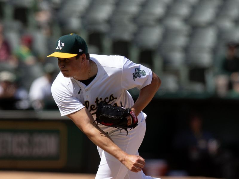 Apr 17, 2024; Oakland, California, USA; Oakland Athletics pitcher Mason Miller (19) delivers a pitch against the St. Louis Cardinals during the ninth inning at Oakland-Alameda County Coliseum. Mandatory Credit: D. Ross Cameron-USA TODAY Sports