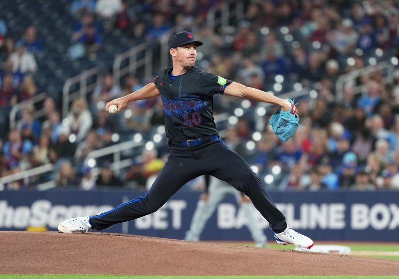 May 2, 2025; Toronto, Ontario, CAN; Toronto Blue Jays starting pitcher Chris Bassitt (40) throws a pitch against the Cleveland Guardians during the first inning at Rogers Centre. Mandatory Credit: Nick Turchiaro-Imagn Images