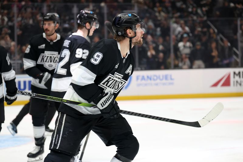 Nov 23, 2024; Los Angeles, California, USA;  Los Angeles Kings right wing Adrian Kempe (9) skates to the bench after scoring a goal during the second period against the Seattle Kraken at Crypto.com Arena. Mandatory Credit: Kiyoshi Mio-Imagn Images