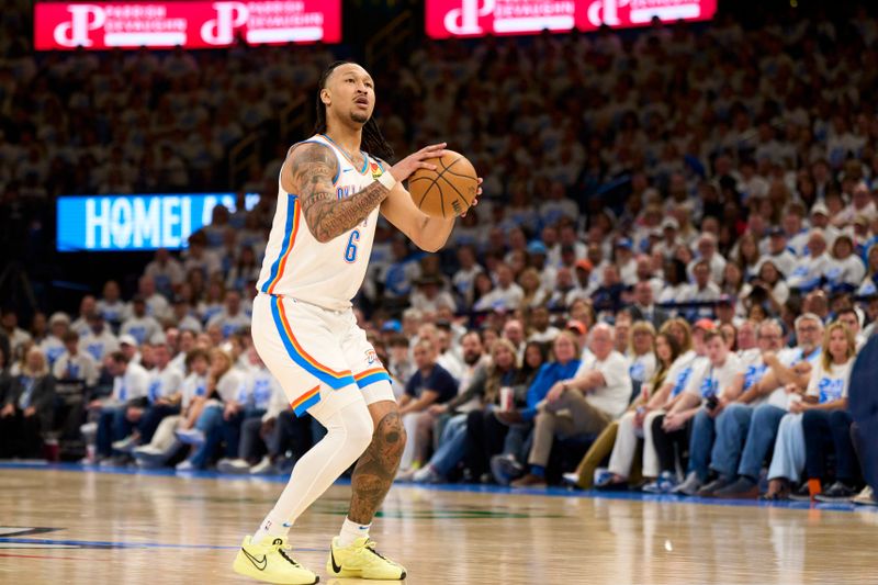 OKLAHOMA CITY, OKLAHOMA - APRIL 21: Jaylin Williams #6 of the Oklahoma City Thunder shoots the ball against the New Orleans Pelicans during the first half in game one of the Western Conference First Round Playoffs at the Paycom Center on April 21, 2024 in Oklahoma City, Oklahoma. NOTE TO USER: User expressly acknowledges and agrees that, by downloading and or using this photograph, User is consenting to the terms and conditions of the Getty Images License Agreement.  (Photo by Cooper Neill/Getty Images)