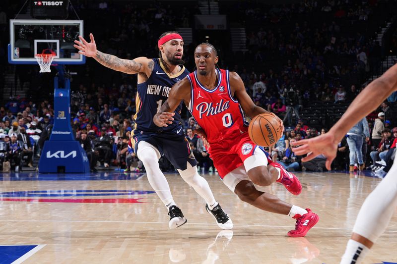 PHILADELPHIA, PA - JANUARY 10: Tyrese Maxey #0 of the Philadelphia 76ers dribbles the ball during the game against the New Orleans Pelicans on January 10, 2025 at the Wells Fargo Center in Philadelphia, Pennsylvania NOTE TO USER: User expressly acknowledges and agrees that, by downloading and/or using this Photograph, user is consenting to the terms and conditions of the Getty Images License Agreement. Mandatory Copyright Notice: Copyright 2025 NBAE (Photo by Jesse D. Garrabrant/NBAE via Getty Images)