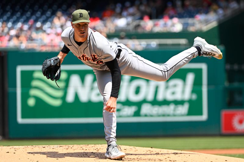 May 21, 2023; Washington, District of Columbia, USA; Detroit Tigers starting pitcher Joey Wentz (43) throws to the Washington Nationals during the first inning at Nationals Park. Mandatory Credit: Brad Mills-USA TODAY Sports