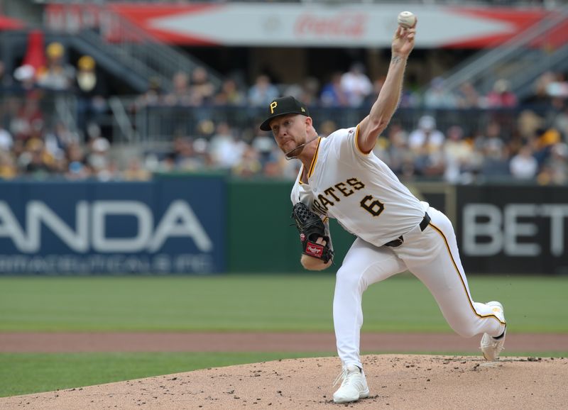 May 25, 2025; Pittsburgh, Pennsylvania, USA;  Pittsburgh Pirates starting pitcher Bailey Falter (6) delivers a pitch against the Milwaukee Brewers during the first inning at PNC Park. Mandatory Credit: Charles LeClaire-Imagn Images