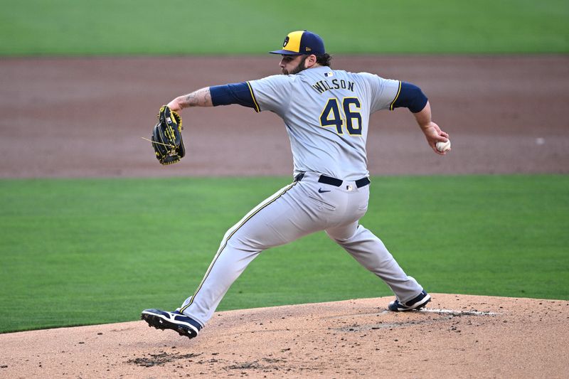 Jun 20, 2024; San Diego, California, USA; Milwaukee Brewers starting pitcher Bryse Wilson (46) pitches against the San Diego Padres during the first inning at Petco Park. Mandatory Credit: Orlando Ramirez-USA TODAY Sports