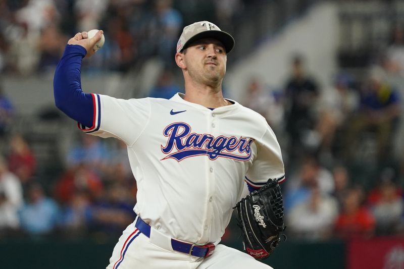 May 17, 2025; Arlington, Texas, USA; Texas Rangers pitcher Tyler Mahle (51) throws to the plate during the first inning against the Houston Astros at Globe Life Field. Mandatory Credit: Raymond Carlin III-Imagn Images