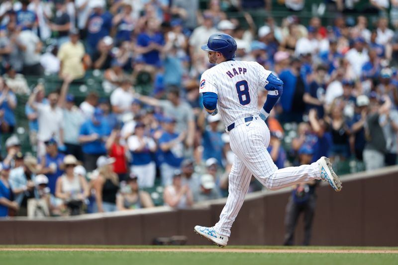 Jun 19, 2024; Chicago, Illinois, USA; Chicago Cubs outfielder Ian Happ (8) rounds the bases after hitting a solo home run against the San Francisco Giants during the fourth inning at Wrigley Field. Mandatory Credit: Kamil Krzaczynski-USA TODAY Sports