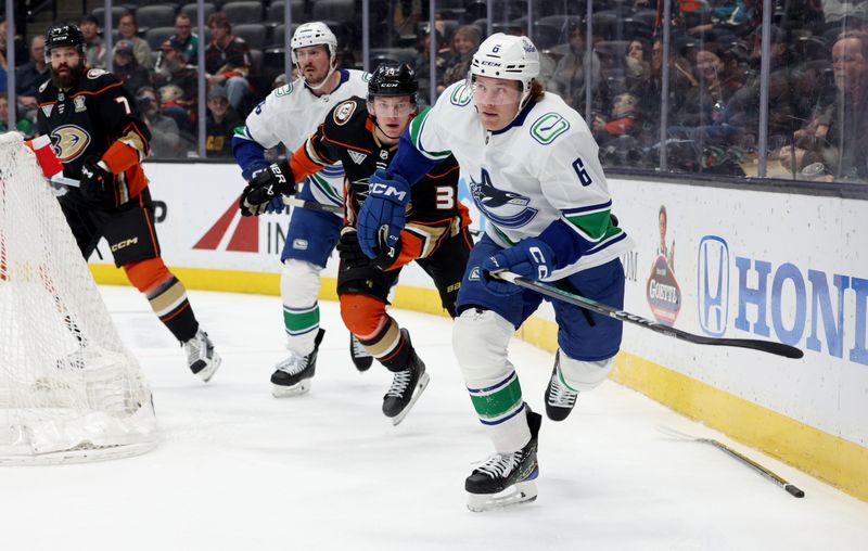 Mar 3, 2024; Anaheim, California, USA; Vancouver Canucks right wing Brock Boeser (6) chases the puck during the first period against the Anaheim Ducks at Honda Center. Mandatory Credit: Jason Parkhurst-USA TODAY Sports