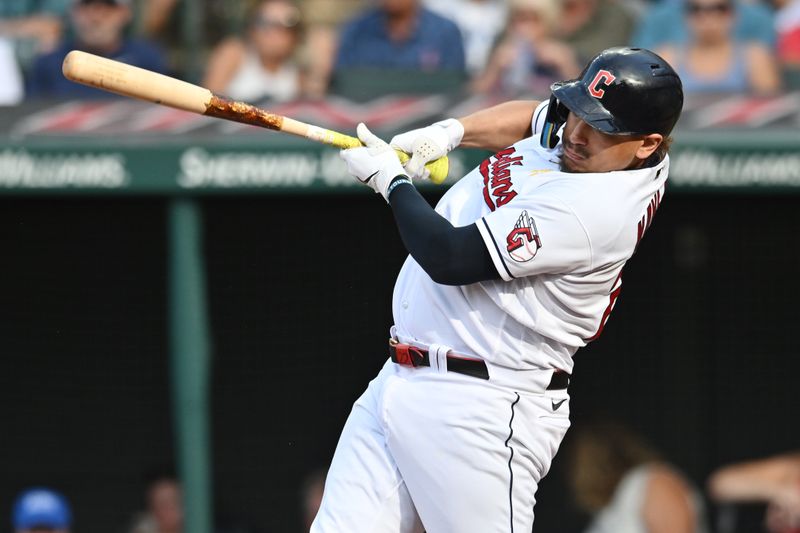 Sep 3, 2023; Cleveland, Ohio, USA; Cleveland Guardians designated hitter Josh Naylor (22) hits an RBI single during the fifth inning against the Tampa Bay Rays at Progressive Field. Mandatory Credit: Ken Blaze-USA TODAY Sports