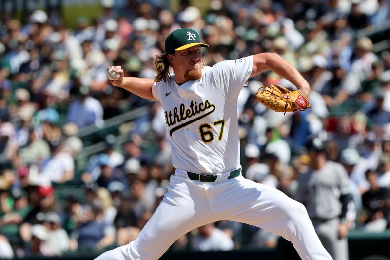 May 10, 2025; West Sacramento, California, USA; Athletics pitcher Grant Holman (67) throws a pitch against the New York Yankees during the seventh inning at Sutter Health Park. Mandatory Credit: Dennis Lee-Imagn Images