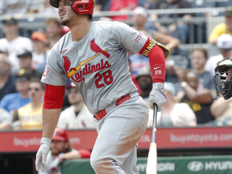 Jul 24, 2024; Pittsburgh, Pennsylvania, USA;  St. Louis Cardinals third baseman Nolan Arenado (28) bats against the Pittsburgh Pirates during the sixth inning at PNC Park. Mandatory Credit: Charles LeClaire-USA TODAY Sports