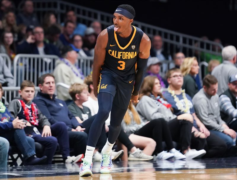 Dec 9, 2023; Indianapolis, Indiana, USA;  California Golden Bears guard Keonte Kennedy (3) celebrates after making a three point basket against the Butler Bulldogs during the first half at Hinkle Fieldhouse. Mandatory Credit: Robert Goddin-USA TODAY Sports