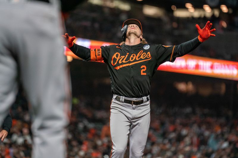 Jun 2, 2023; San Francisco, California, USA;  Baltimore Orioles third baseman Gunnar Henderson (2) celebrates as he crosses home plate after hitting a solo home run during the seventh inning against the San Francisco Giants at Oracle Park. Mandatory Credit: Neville E. Guard-USA TODAY Sports