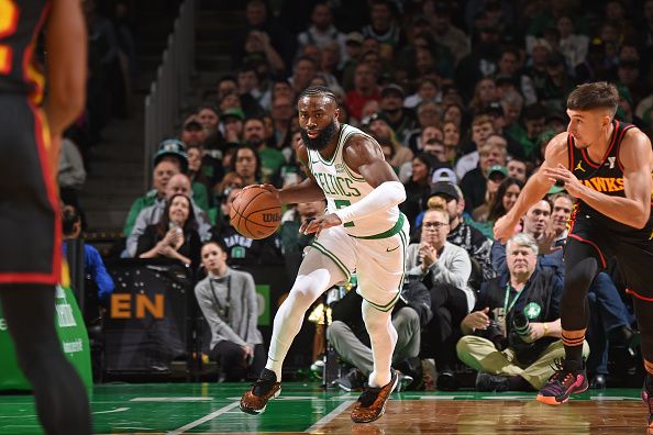 BOSTON, MA - November 26: Jaylen Brown #7 of the Boston Celtics dribbles the ball during the game against the Atlanta Hawks on November 26, 2023 at the TD Garden in Boston, Massachusetts. NOTE TO USER: User expressly acknowledges and agrees that, by downloading and or using this photograph, User is consenting to the terms and conditions of the Getty Images License Agreement. Mandatory Copyright Notice: Copyright 2023 NBAE  (Photo by Brian Babineau/NBAE via Getty Images)