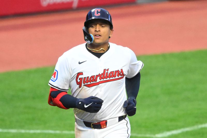 Apr 10, 2024; Cleveland, Ohio, USA; Cleveland Guardians catcher Bo Naylor (23) runs the bases on his two-run home run in the fourth inning against the Chicago White Sox at Progressive Field. Mandatory Credit: David Richard-USA TODAY Sports